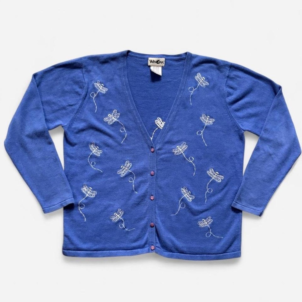 90s cardigan dragonfly embroidery button up cornflower blue‎ cottagecore women L